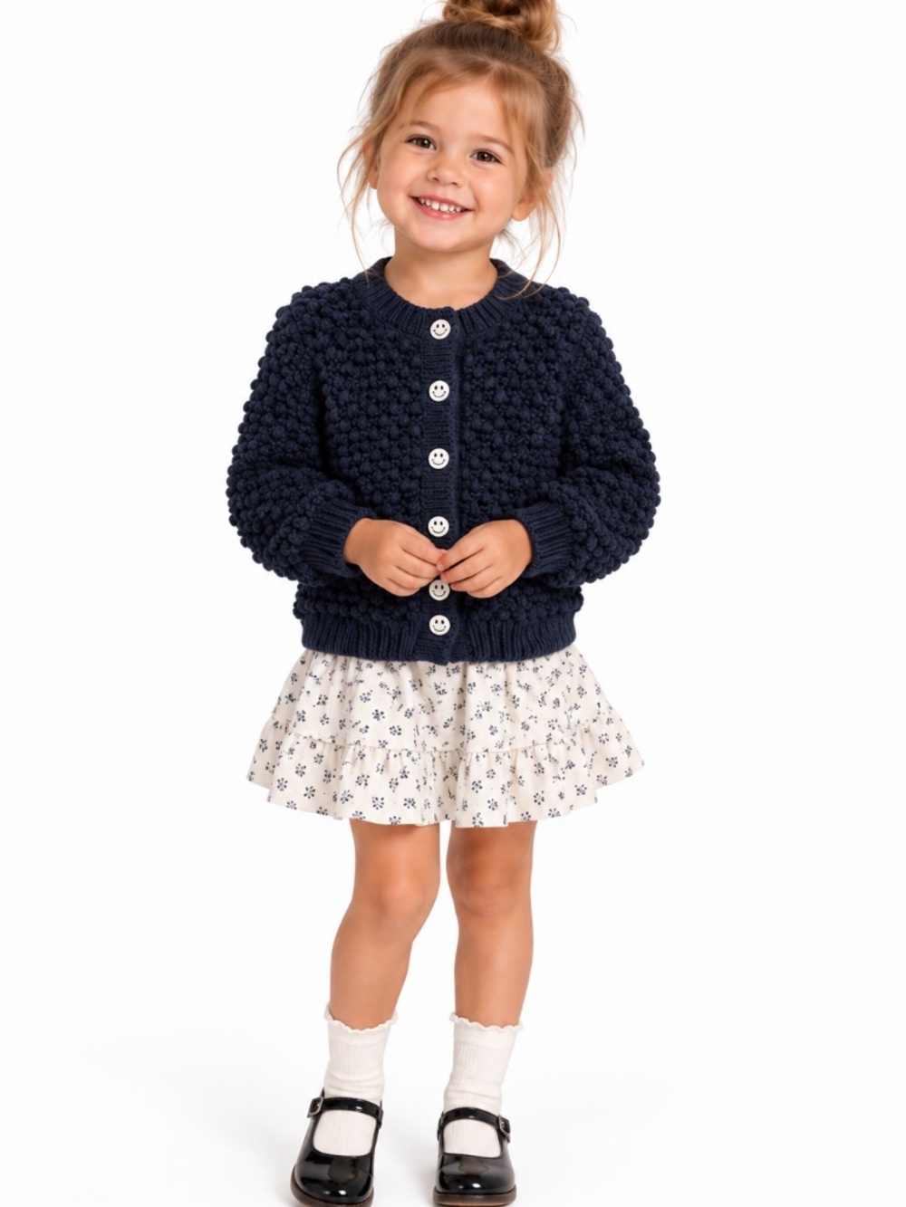 Jill Stuart Girls Navy Chunky Cardigan Sweater w Gold Smiley Face Buttons